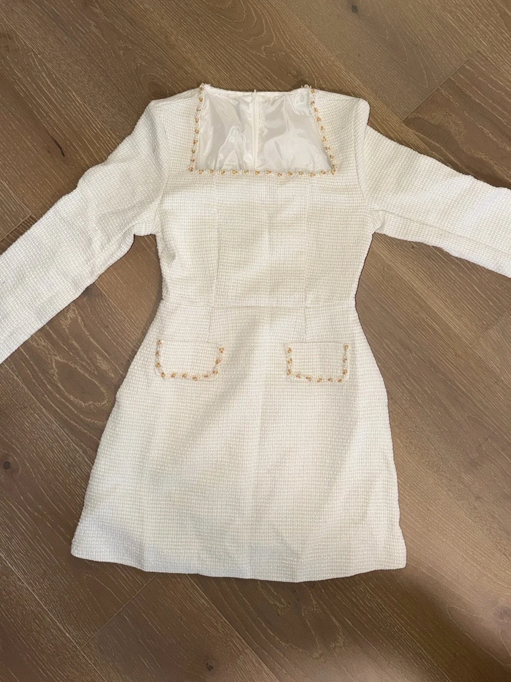 Textured Ivory Long Sleeve Mini Dress with Trim - Picture 1 of 3